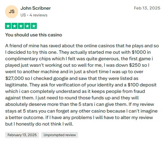 John Scribner very positive experience with Royal Vegas